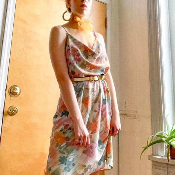 SOLD Vintage Early 90s- y2k Cowl Neck Floral Painted Mini Dress - Picture 4 of 6
